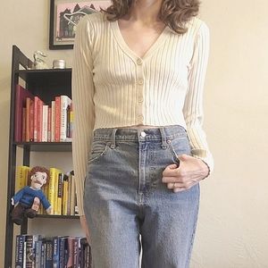 Aerie off-white button up cropped ribbed cardigan